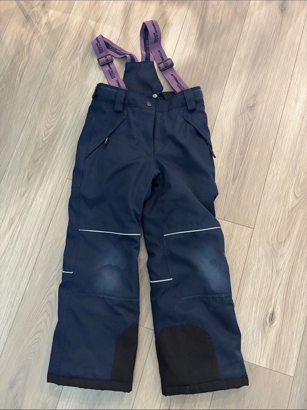 Kids Navy Blue Snow Bib Pants with Pink Suspenders